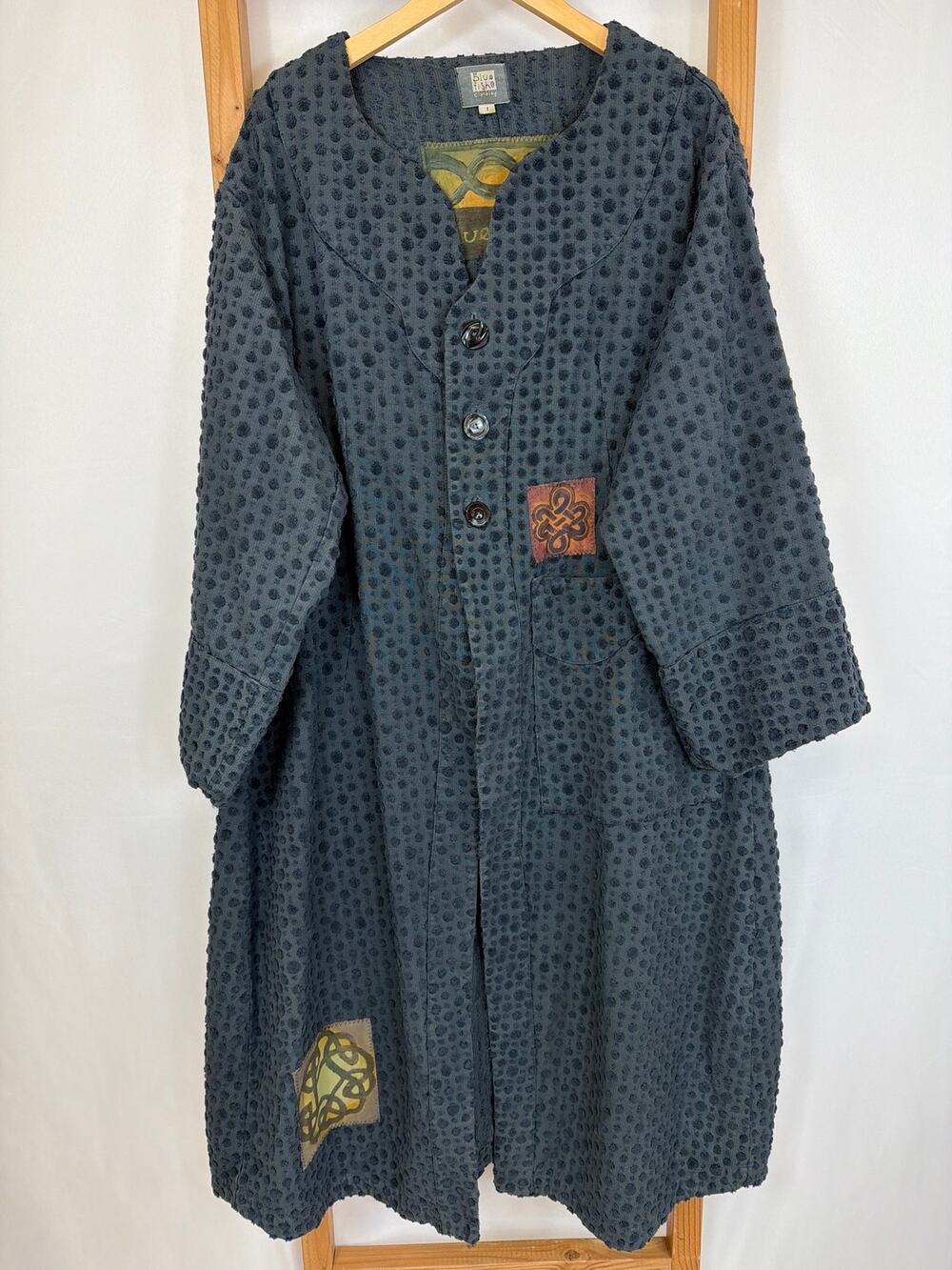 Blue Fish Blue Hand-Printed Long Cotton Jacket Made in USA Size 1 LG / XL